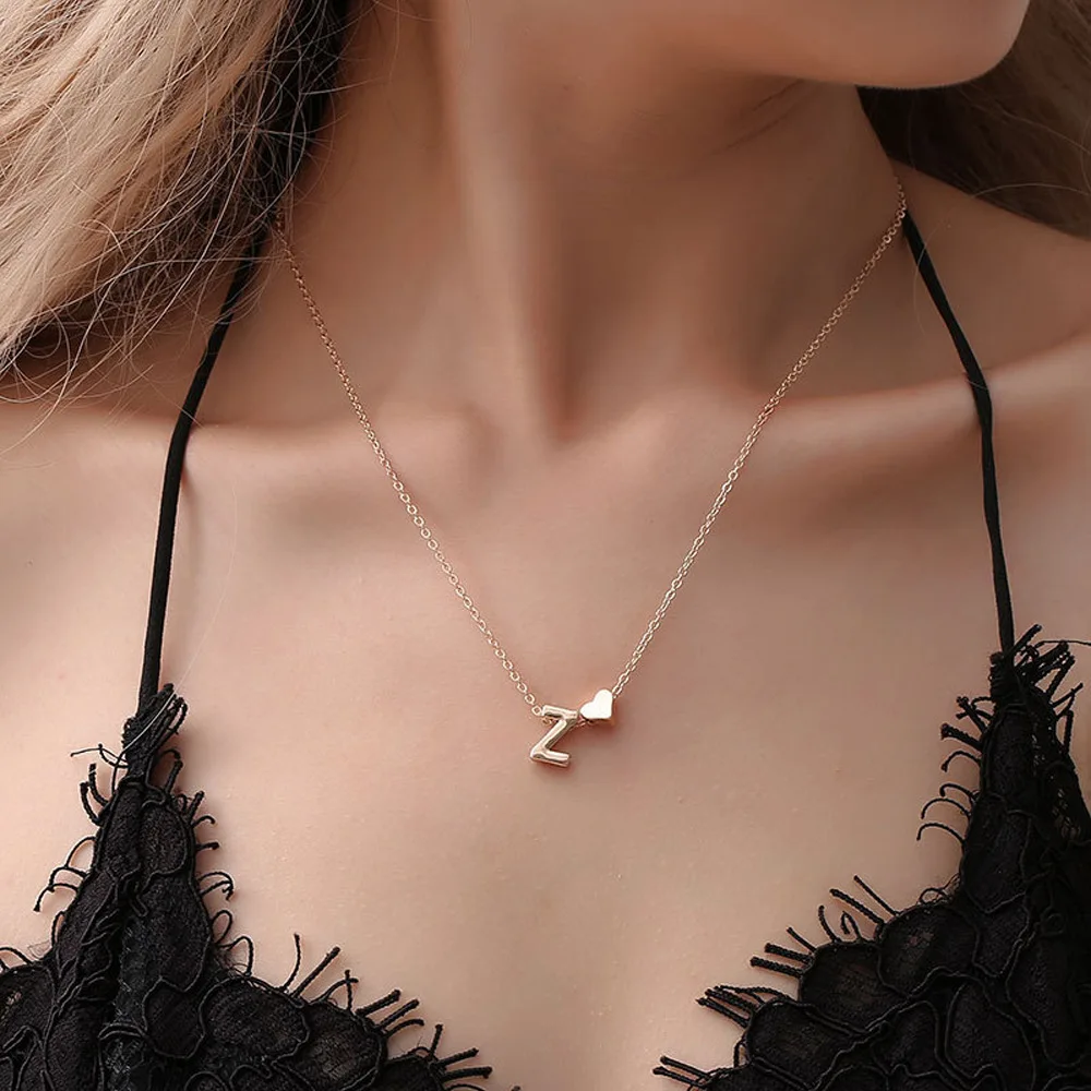 Metal Color: RED-BROWN, Main Stone Color: WHITE - Fashion Tiny Heart Dainty Initial Necklace Gold Color Letter Name Choker Necklace For Women Pendant Jewelry Gift