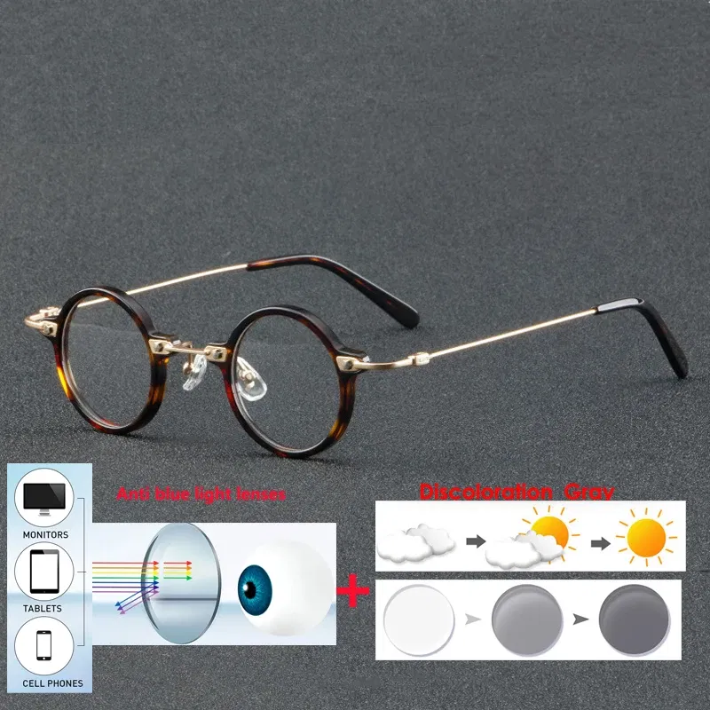 Frame Color: WHITE, Eye Prescription: +275 - VCKA Anti-blue Discolor Acetate+Titanium Myopia Glasses Frames Small Round Men Prescription Optical Women Eyewear -0.50 to -10.0