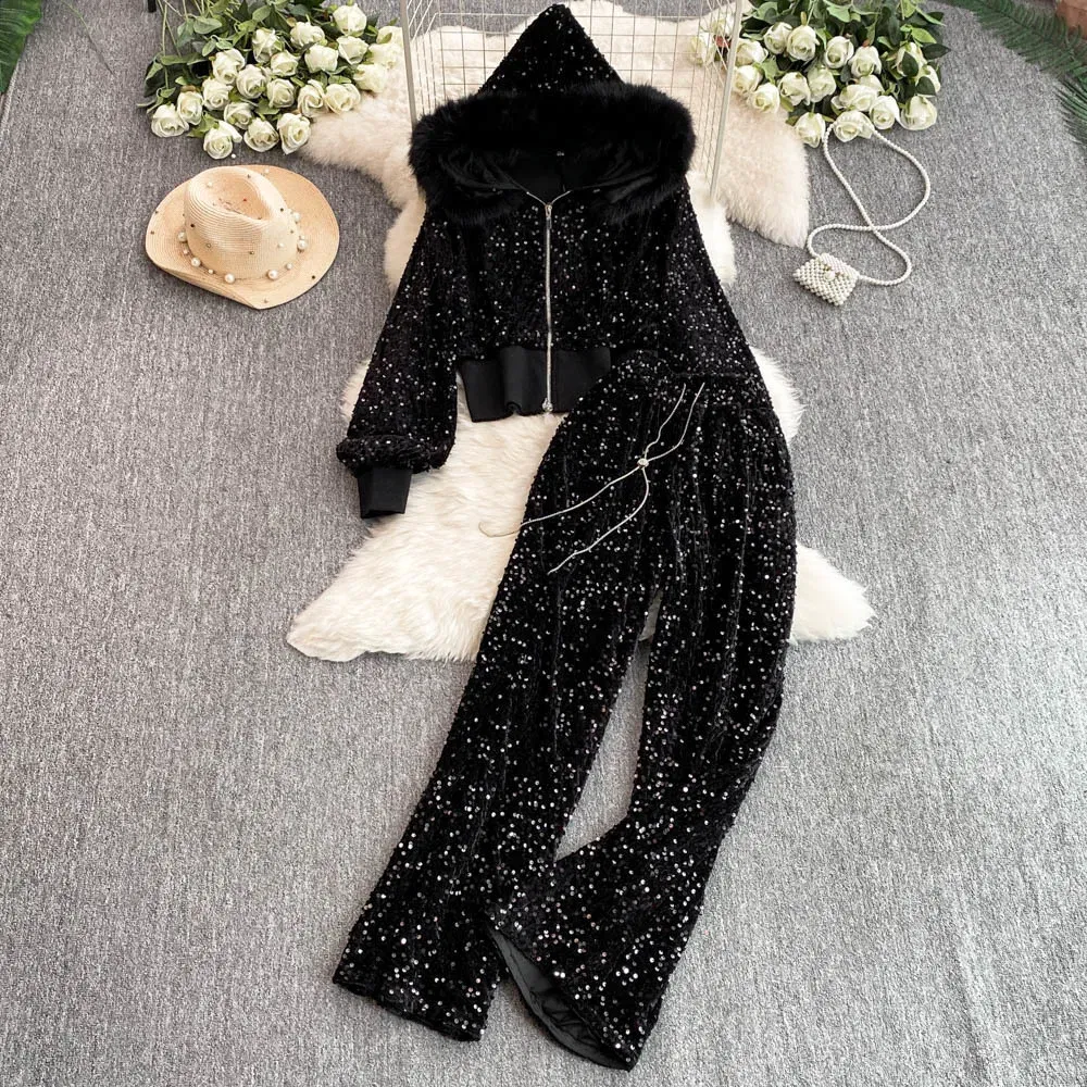 Color: black, Size: One Size - Fashion Velvet Casual Suit Winter Clothes New Sweet Sequins Hooded Fur Collar Sweatshirt Wide Leg Pants Ladies Two-Piece Set