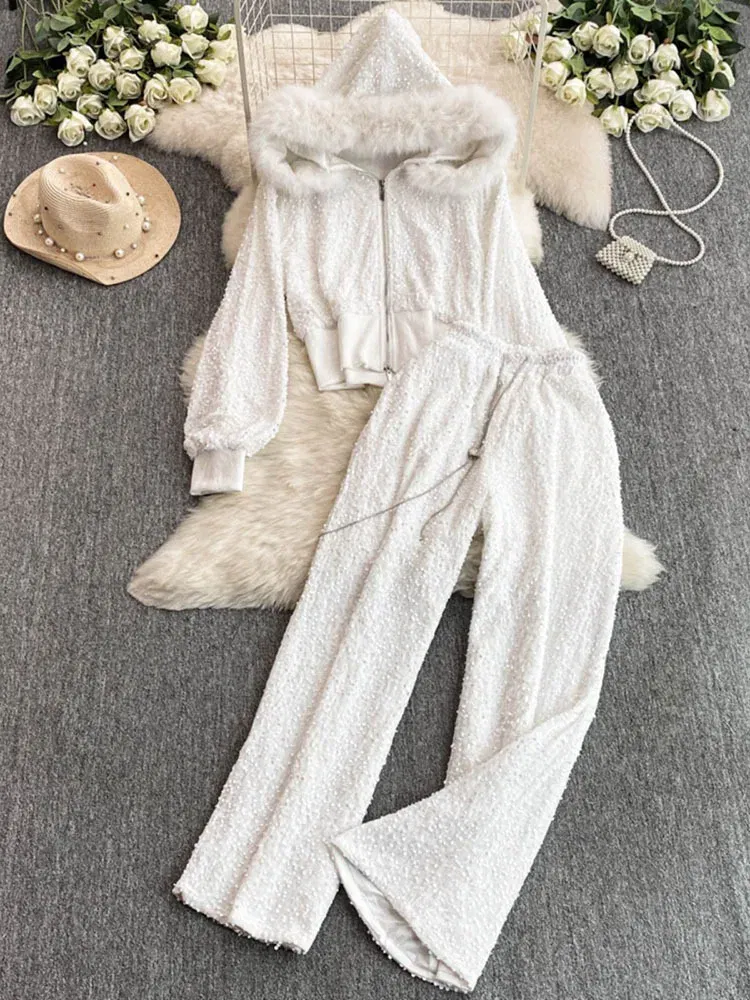 Color: black, Size: One Size - Fashion Velvet Casual Suit Winter Clothes New Sweet Sequins Hooded Fur Collar Sweatshirt Wide Leg Pants Ladies Two-Piece Set