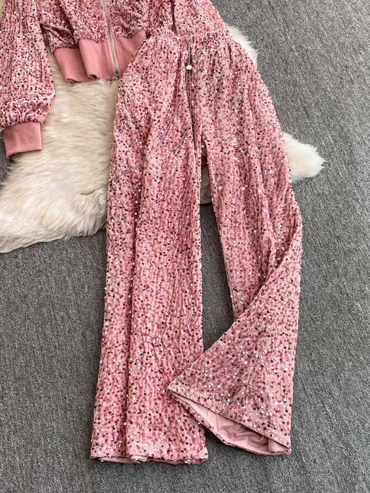 Color: black, Size: One Size - Fashion Velvet Casual Suit Winter Clothes New Sweet Sequins Hooded Fur Collar Sweatshirt Wide Leg Pants Ladies Two-Piece Set