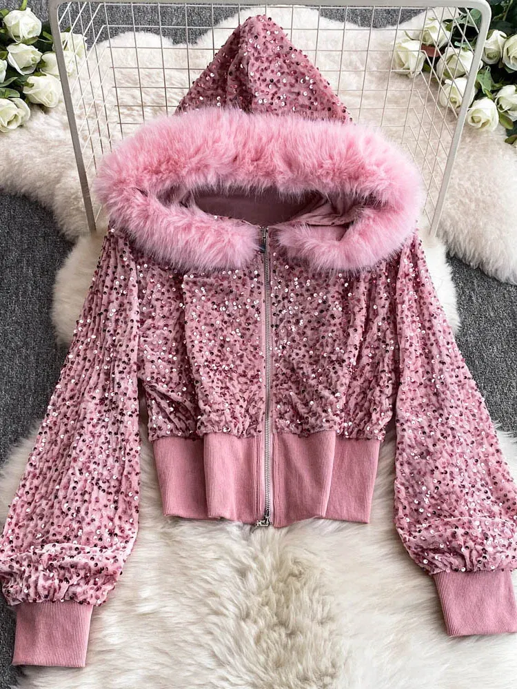 Color: black, Size: One Size - Fashion Velvet Casual Suit Winter Clothes New Sweet Sequins Hooded Fur Collar Sweatshirt Wide Leg Pants Ladies Two-Piece Set