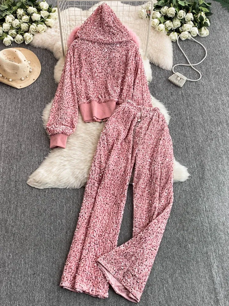 Color: black, Size: One Size - Fashion Velvet Casual Suit Winter Clothes New Sweet Sequins Hooded Fur Collar Sweatshirt Wide Leg Pants Ladies Two-Piece Set