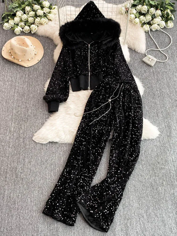 Color: black, Size: One Size - Fashion Velvet Casual Suit Winter Clothes New Sweet Sequins Hooded Fur Collar Sweatshirt Wide Leg Pants Ladies Two-Piece Set