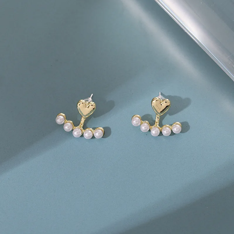 Metal Color: Gold-color - Imitation Pearl Stud Earrings For Women Alloy Heart Double Sides Back Post Hanging Ear Cuff Valentine's Day Jewelry Girl Gift