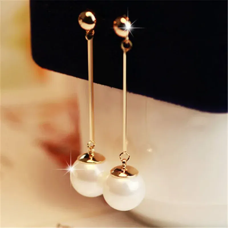 Metal Color: Gold-color - Imitation Pearl Stud Earrings For Women Alloy Heart Double Sides Back Post Hanging Ear Cuff Valentine's Day Jewelry Girl Gift