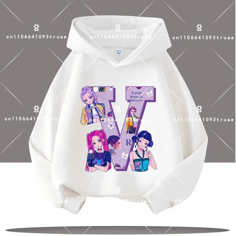 Color: Red, Kid Size: 5 - K-pop Demon Hunters Letter A-Z 3-12 Year Old Children Hooded Sweatshirt Girls' Casual Shirt Boys' Sports Shirt Cartoon Print