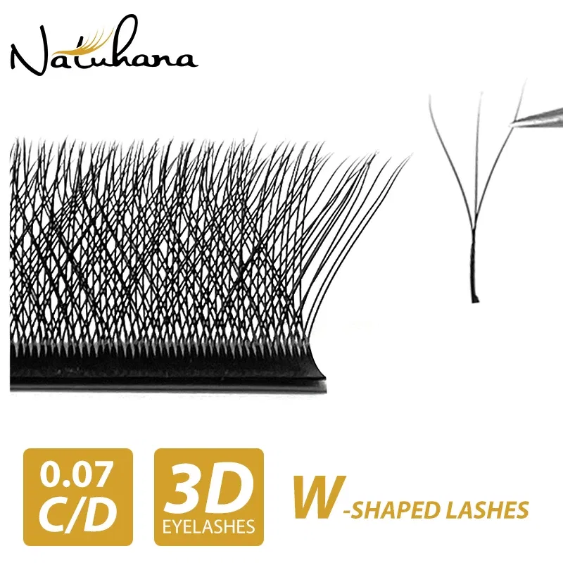 Color: Brushed Brass, Curl: C, Thickness: 0.07mm, Length: 17mm - NATUHANA W-Shaped 4D 5D Volume Eyelash Extensions Premade Volume Fans W Shape Lashes Natural Soft False Eyelashes for Makeup