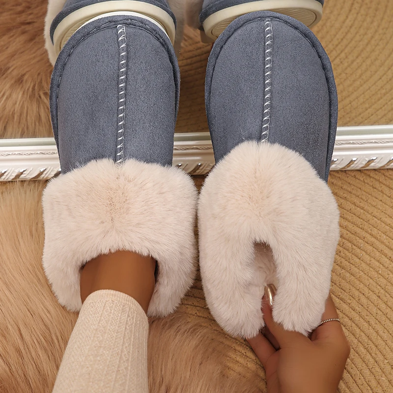 Color: Dark Grey, Shoe Size: 42 - Closed Toe Warm Cotton Slippers Women Faux Fur Thicken Plush Winter Home Shoes Woman Lightweight Casual Indoor Slides Female