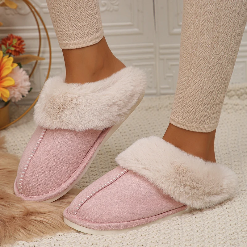 Color: Dark Grey, Shoe Size: 42 - Closed Toe Warm Cotton Slippers Women Faux Fur Thicken Plush Winter Home Shoes Woman Lightweight Casual Indoor Slides Female