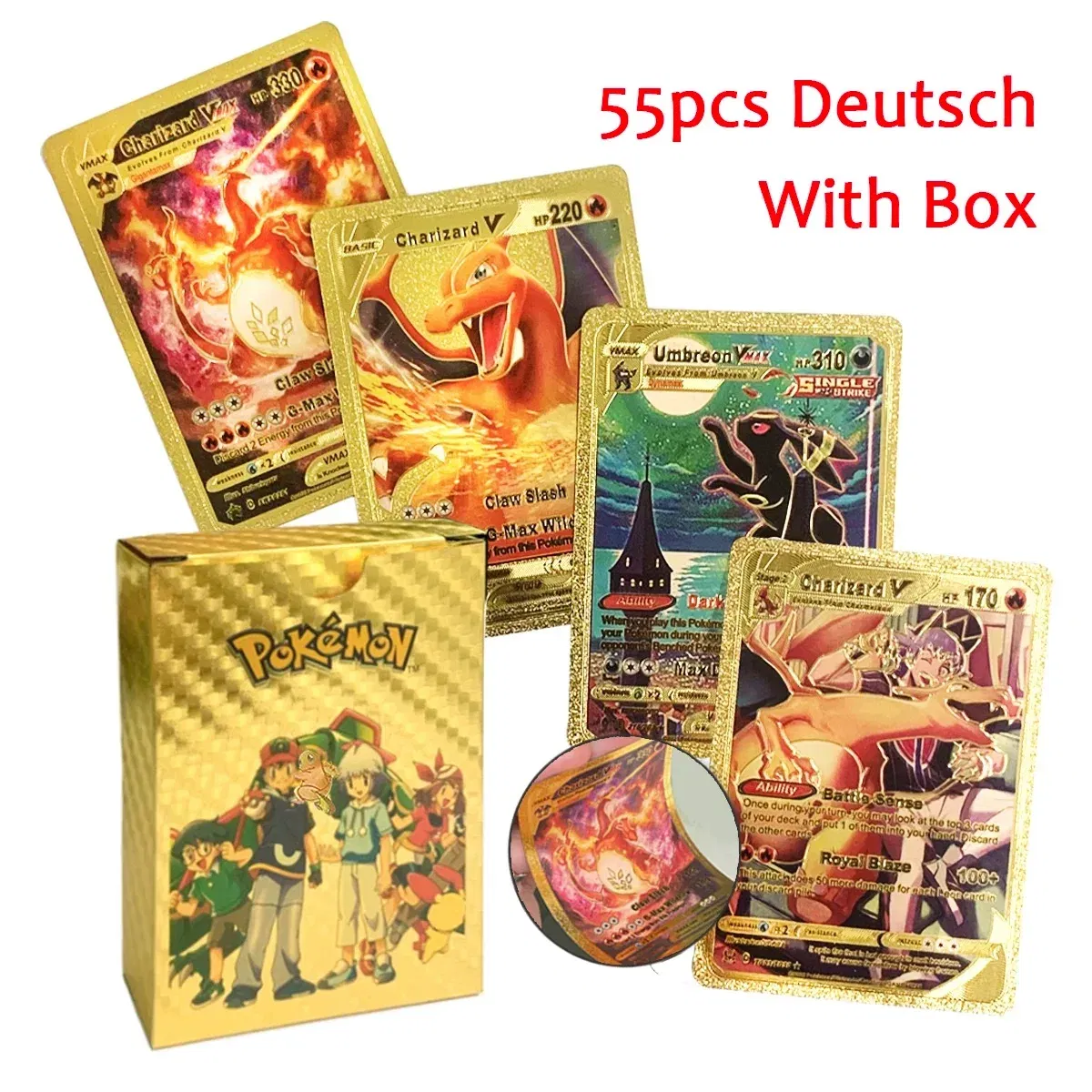 Color: Clear - 55PCS Pokemon Colorful Gold Foil Card Charizard Pikachu Arceus Diamond Rainbow English French German Spanish VSTAR GX VMAX Cards