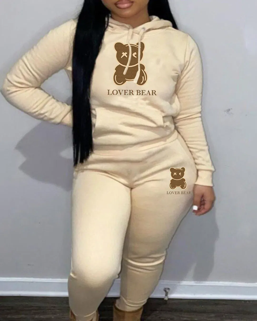 Color: Champagne, Size: L - 2 Piece Set Women Outfit Letter Bear Print Hooded Neck Hoodies Sweatshirt Pants Tracksuit 2024 Plus Size Streetwear Casual Suit