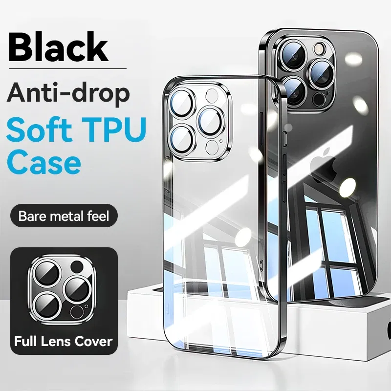 Color: black, Material: POLYESTER - Joyroom Case For iPhone 16 15 14 13 Pro Max Transparent Cover For iPhone 16 Pro Max Soft TPU Anti-drop Case With Len Protection