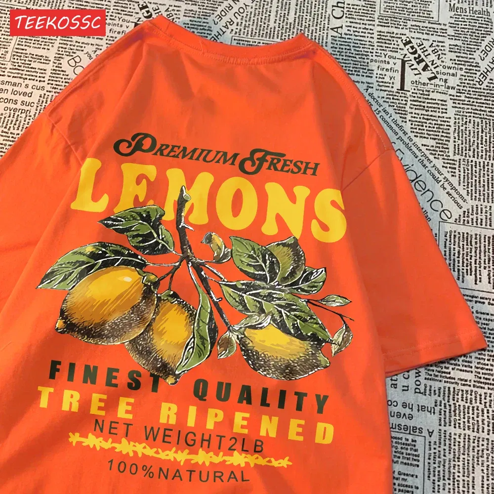 Color: Lake Blue, Size: M - Summer Lemon Cherries Prints T-Shirts Cotton Women's Tops Oversize O-Neck Soft Short Sleeve tees Street Casual Womans Clothes