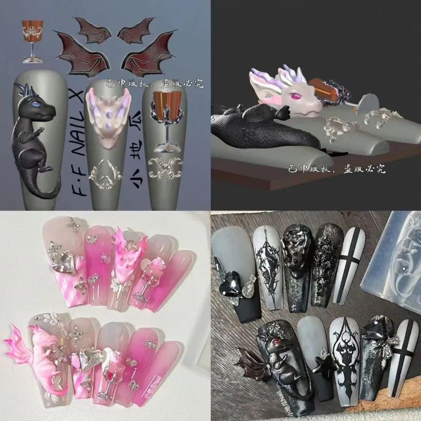 Color: WHITE - 1pc Snake Flamingo Jellyfish Dragon Dtream 3D Acrylic Mold Nail Art DIY Silicone Nail Art Templates Nails Mold