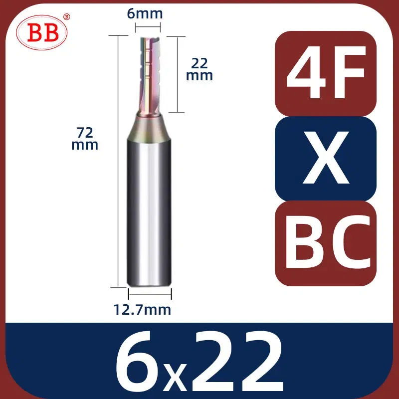 Cutting Edge Length: 26mm, Dimensions: 3.175*1*3 - BB Straight Slot Milling Cutter CNC Wood Engraving Machine Mill Rough Shape TCT Coated Edge D 6mm 8mm 2T 3T 4F Shank 1/2 12.7mm