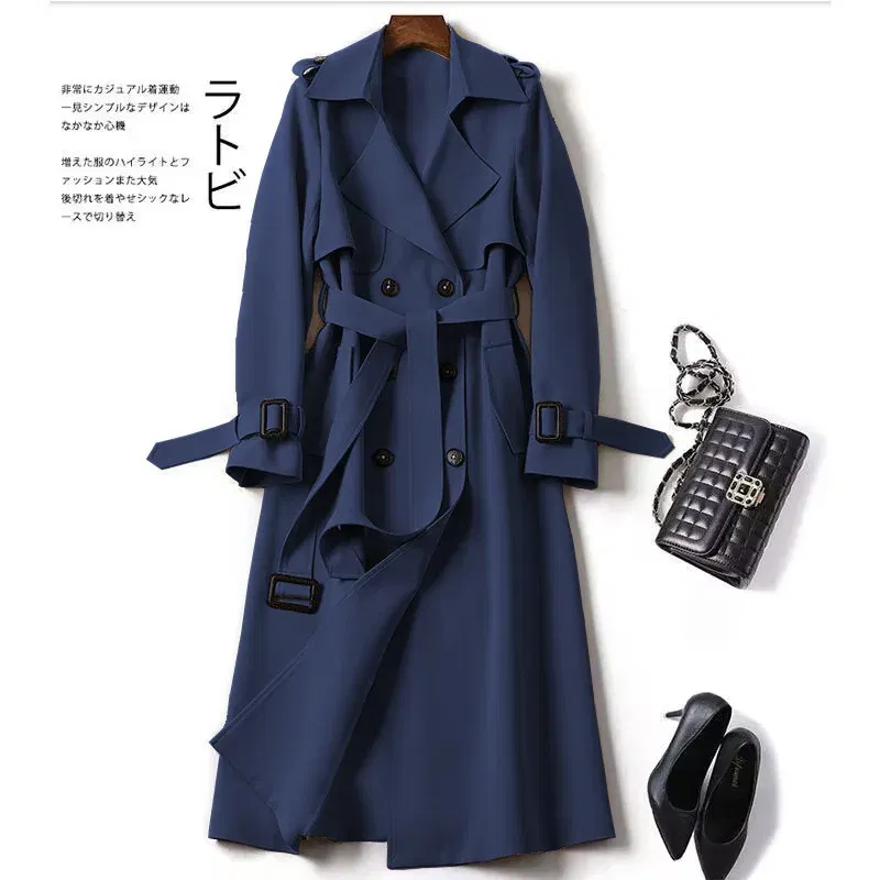 Color: Navy Blue, Size: XXL - Autumn Winter Long Sleeve Trench Coat For Women 2024 Fashion Loose Office Lady Long Outerwears Jacket Coats Female Clothing