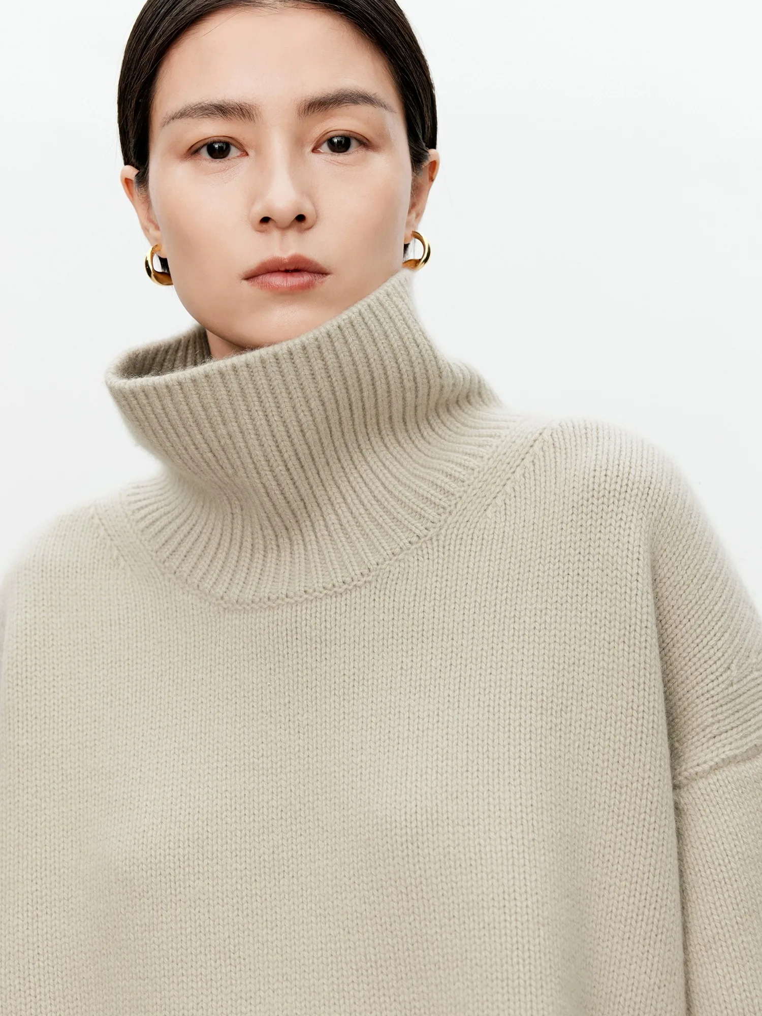 Color: Ivory, Size: S, Ships From: CHINA - Turtleneck pure cashmere sweater female loose and thick languid lazy wind pullover sweater knitting base WOOL sweater