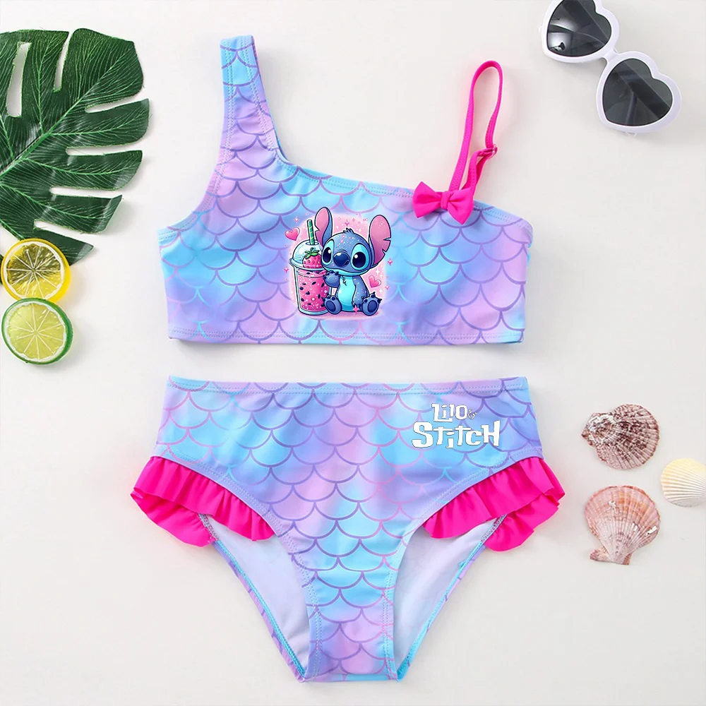 Color: green, Size: L - Lilo Stitch Girls Swimsuit One-Piece Bathing Suits Kids Wear Fashion Mermaid Fish Children's Dresses Summer Swimwear Beach Suit