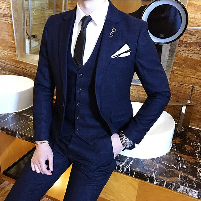 Color: Ivory, Size: 4XL - Gray Men Classic Striped/Checked Suits, Business Office 3 Piece, Asian Size Slim Fit Men Dress Jacket & Pants with Vest, S-4XL