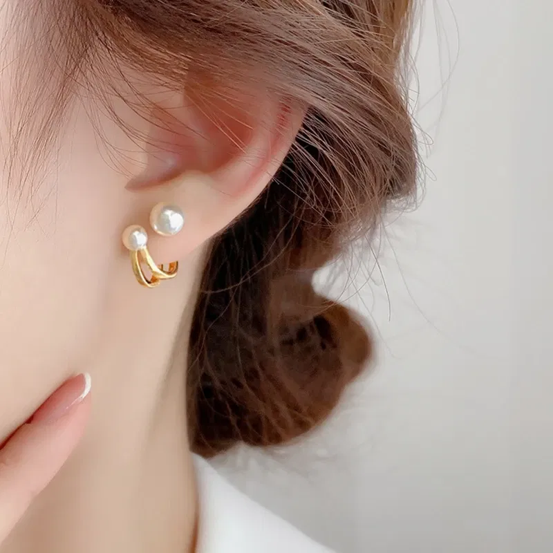Metal Color: Light Yellow Gold Color - Imitation Pearl Stud Earrings For Women Alloy Heart Double Sides Back Post Hanging Ear Cuff Valentine's Day Jewelry Girl Gift