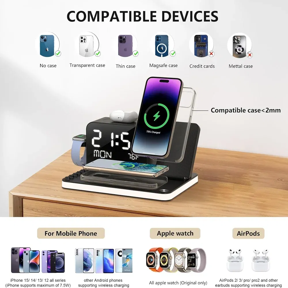Color: silver, Ships From: CHINA - Top BezosMax 7 in 1 Wireless Charging Station with Dual iPhone Fast Charger Support Bluetooth/TimeSync 30W Fast Adapter for
