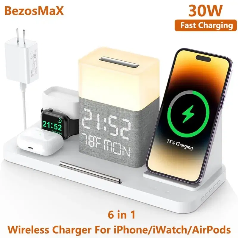 Color: silver, Ships From: CHINA - Top BezosMax 7 in 1 Wireless Charging Station with Dual iPhone Fast Charger Support Bluetooth/TimeSync 30W Fast Adapter for