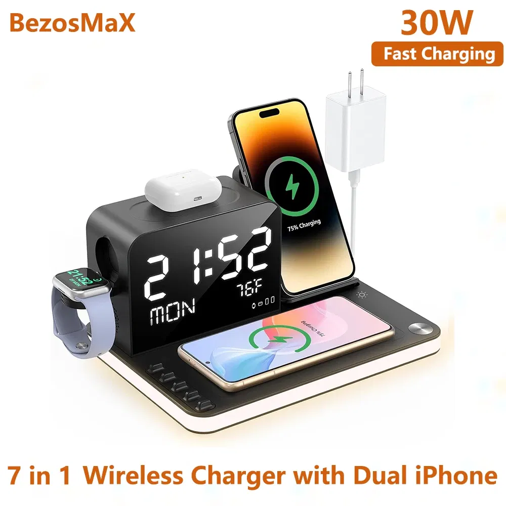 Color: silver, Ships From: CHINA - Top BezosMax 7 in 1 Wireless Charging Station with Dual iPhone Fast Charger Support Bluetooth/TimeSync 30W Fast Adapter for