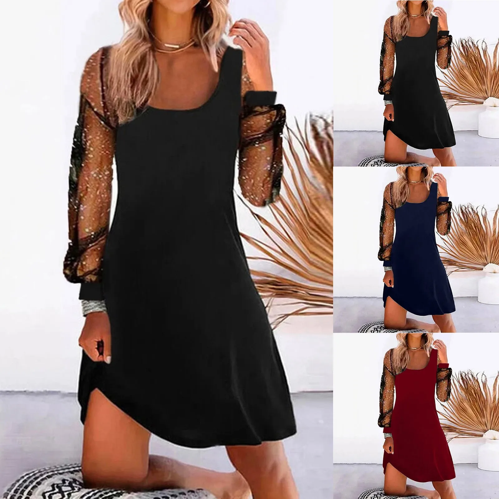 Color: black, Size: S, Ships From: CN - Women Dress See-through Mesh Patchwork U Neck Loose Shiny Sequin Long Sleeve Soft Irregular Hem Pullover Mini Dress Vestidos