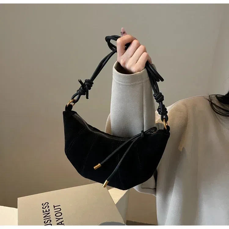 Color: black - Velvet Material Zipper 2024 High Quality Shoulder Bag Solid Color Simple Fashionable Crossbody Bag Soft Western Style Handbag