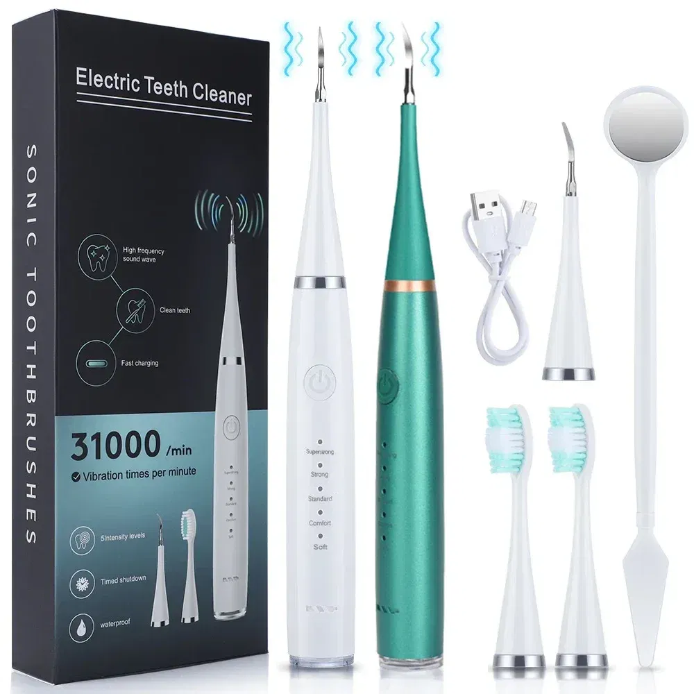 Color: Beige - Electric Toothbrush Sonic Dental Teeth Whitening Kit Tooth Whitener Calculus Tartar Remover Tools Cleaner Stain Oral Care