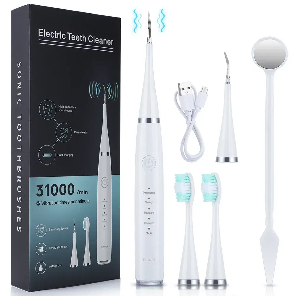 Color: Beige - Electric Toothbrush Sonic Dental Teeth Whitening Kit Tooth Whitener Calculus Tartar Remover Tools Cleaner Stain Oral Care