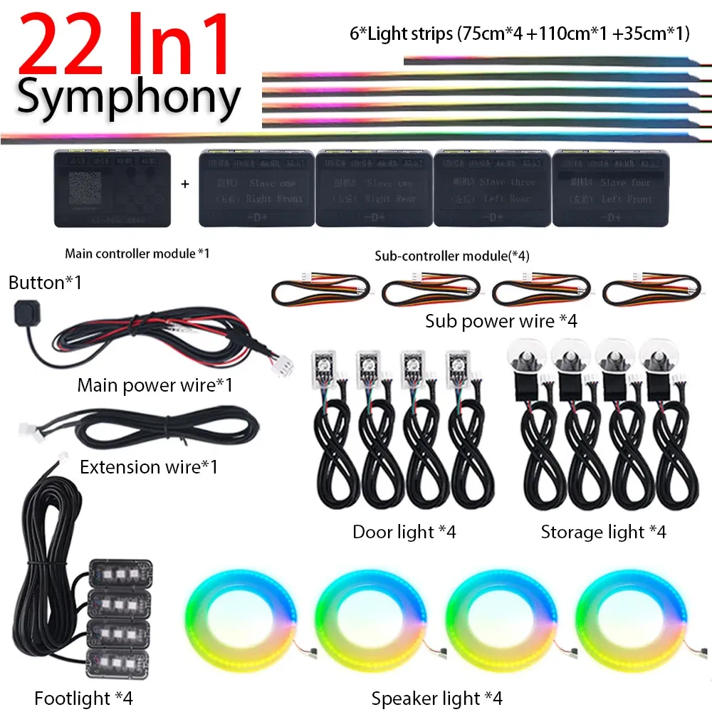 Emitting Color: 4300K White Yellow - 18 in 1 Dual Zone Symphony Streamer LED Ambient Lights Car Interior 64 Colors RGB Neon Acrylic Strip Atmosphere Lighting Kit App