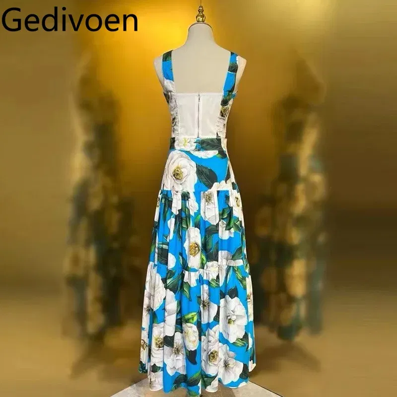 Color: SKY BLUE, Size: XL, Ships From: CN - Gedivoen New Style Casual Women's Suit Sweetheart Neck Spaghetti Strap Backless Top+Fashion Half skirt Cotton Print 2-piece set