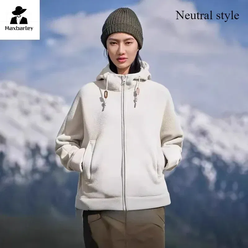 Color: Blue, Size: XL - Winter Warm Cashmere Jacket Mens High-end Ski Fleece Iined Thickened Hoodie Coat Casual Womens Outdoor Camping Cold-proof Jacket