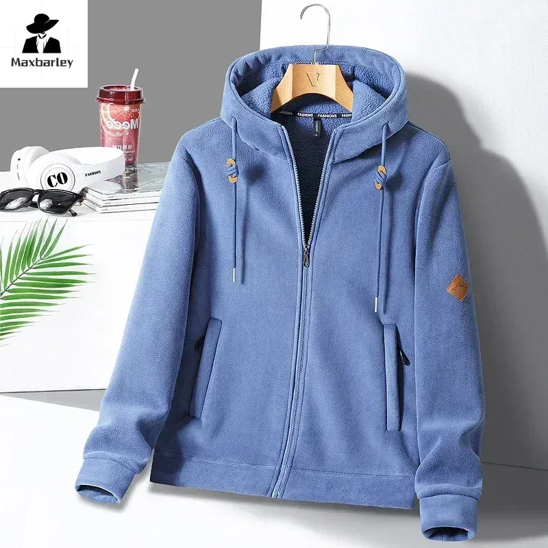 Color: Blue, Size: XL - Winter Warm Cashmere Jacket Mens High-end Ski Fleece Iined Thickened Hoodie Coat Casual Womens Outdoor Camping Cold-proof Jacket