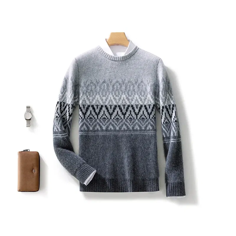 Color: Champagne, Size: S - 100% Pure Wool Pullover Sweater Men's Round Neck Knitted Sweater Autumn Winter Thick Warm Ethnic Style Men's Clothing