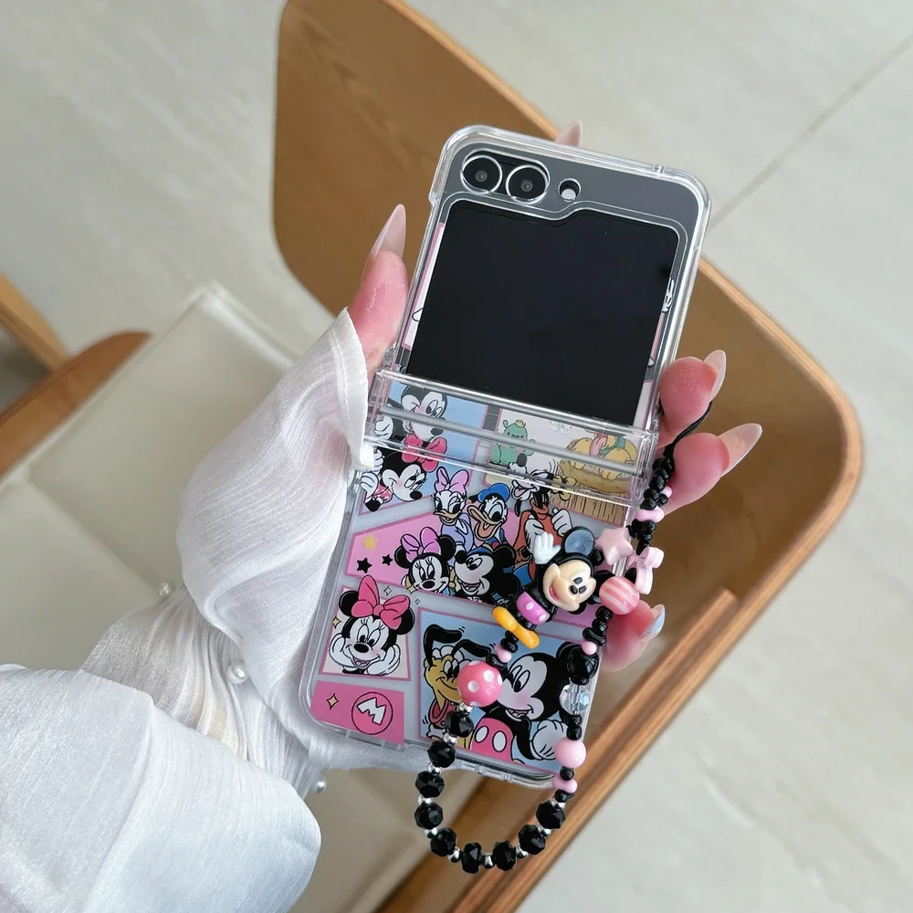 Material: Leather, Color: Clear - Cute Cartoon Disney Mickey Minnie Mouse Phone Case For Samsung Galaxy Z Flip 7 6 5 4 3 Stand Holder Case Hard Cover With Lanyard