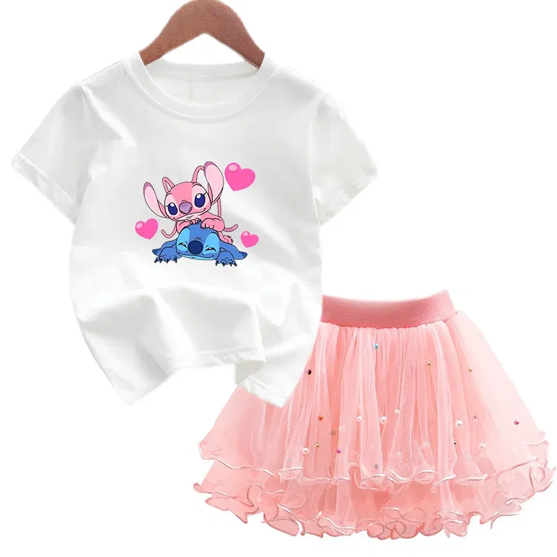 Color: green, Kid Size: 2T - 2pcs Lilo Stitch Summer Girls Outfits Cartoon T-shirt and Tutu Skirt Princess Clothes Suit Children Birthday Clothing Sets