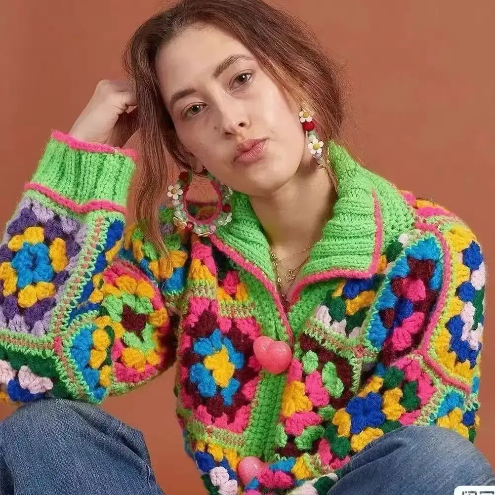 TIYIHAILEY Knitting Crochet Women Hand Made Autumn Winter Outerwear Full Sleeve Flower Cardigan Single Breasted Coat Sweaters