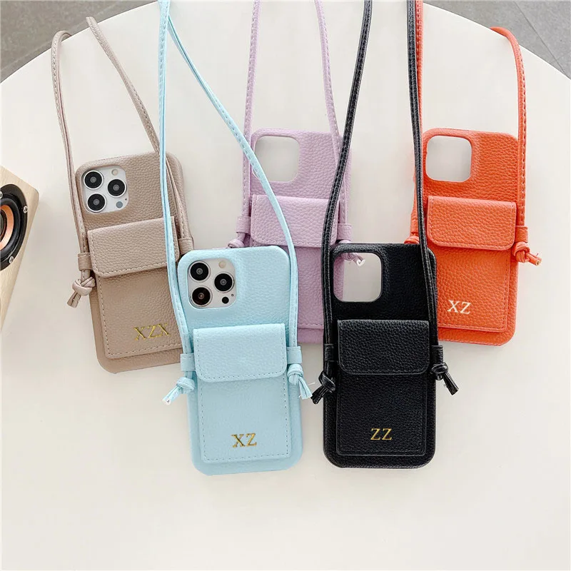 Color: SKY BLUE, Material: Genuine leather - Personalized Gold Silver Letters Leather PU Card Holder Lanyard Hard Case For iPhone 14 13 12 11 15 Pro Max XS XR 16 Plus Cover