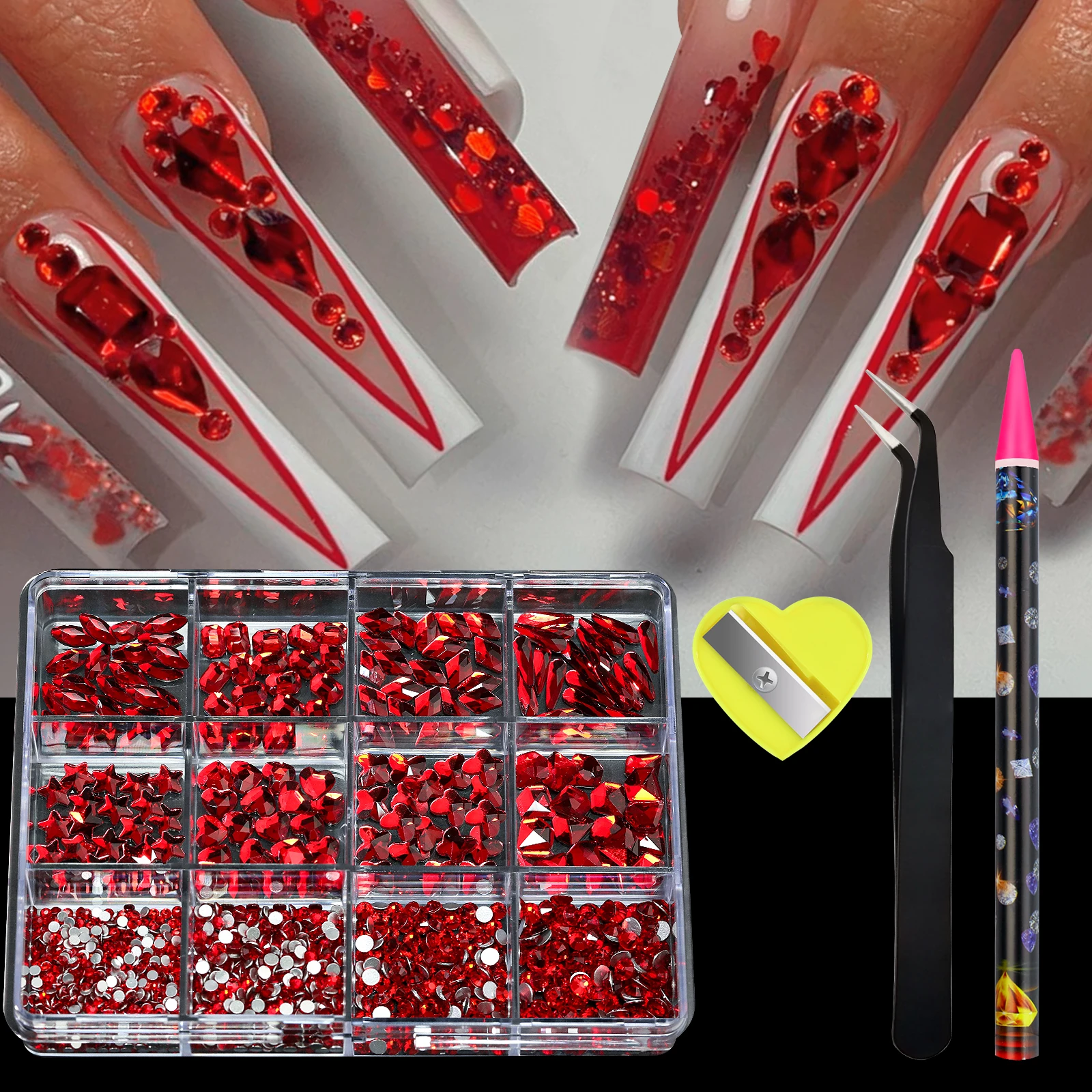 Color: WHITE - 12 Grid 3D Nail Alloy Gem Rhinestone Jewelry Charms Heart Crystal Jewelry Stones Supplies For Nails Manicure Accessories Nail Ar