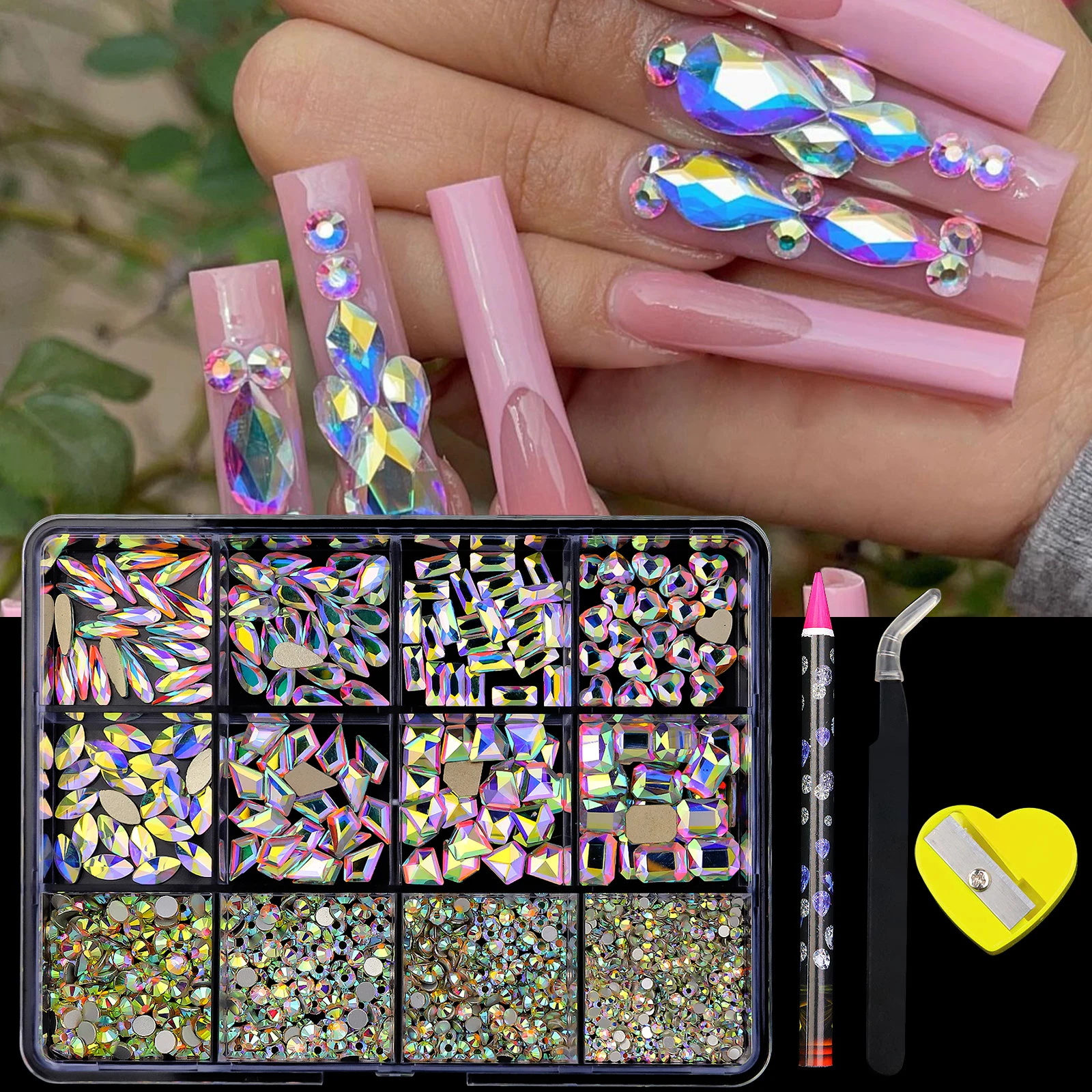 Color: WHITE - 12 Grid 3D Nail Alloy Gem Rhinestone Jewelry Charms Heart Crystal Jewelry Stones Supplies For Nails Manicure Accessories Nail Ar