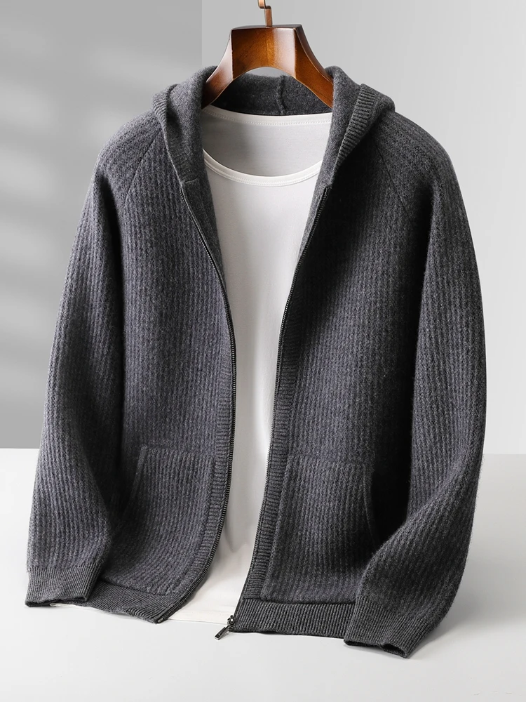 Color: Khaki, Size: M - Daily Clothes Autumn Winter Sweater Men's Coat 100% Merino Wool Sweater Cardigan Knitted Jacket Thicked Hooded Outerwears Trend