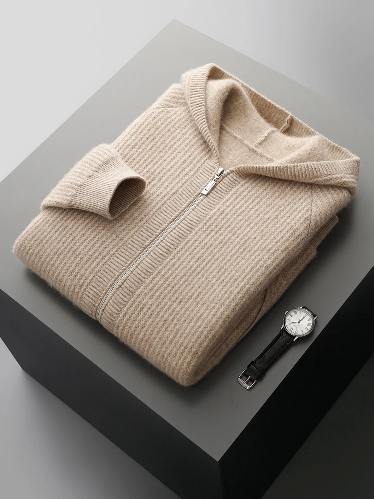 Color: Khaki, Size: M - Daily Clothes Autumn Winter Sweater Men's Coat 100% Merino Wool Sweater Cardigan Knitted Jacket Thicked Hooded Outerwears Trend