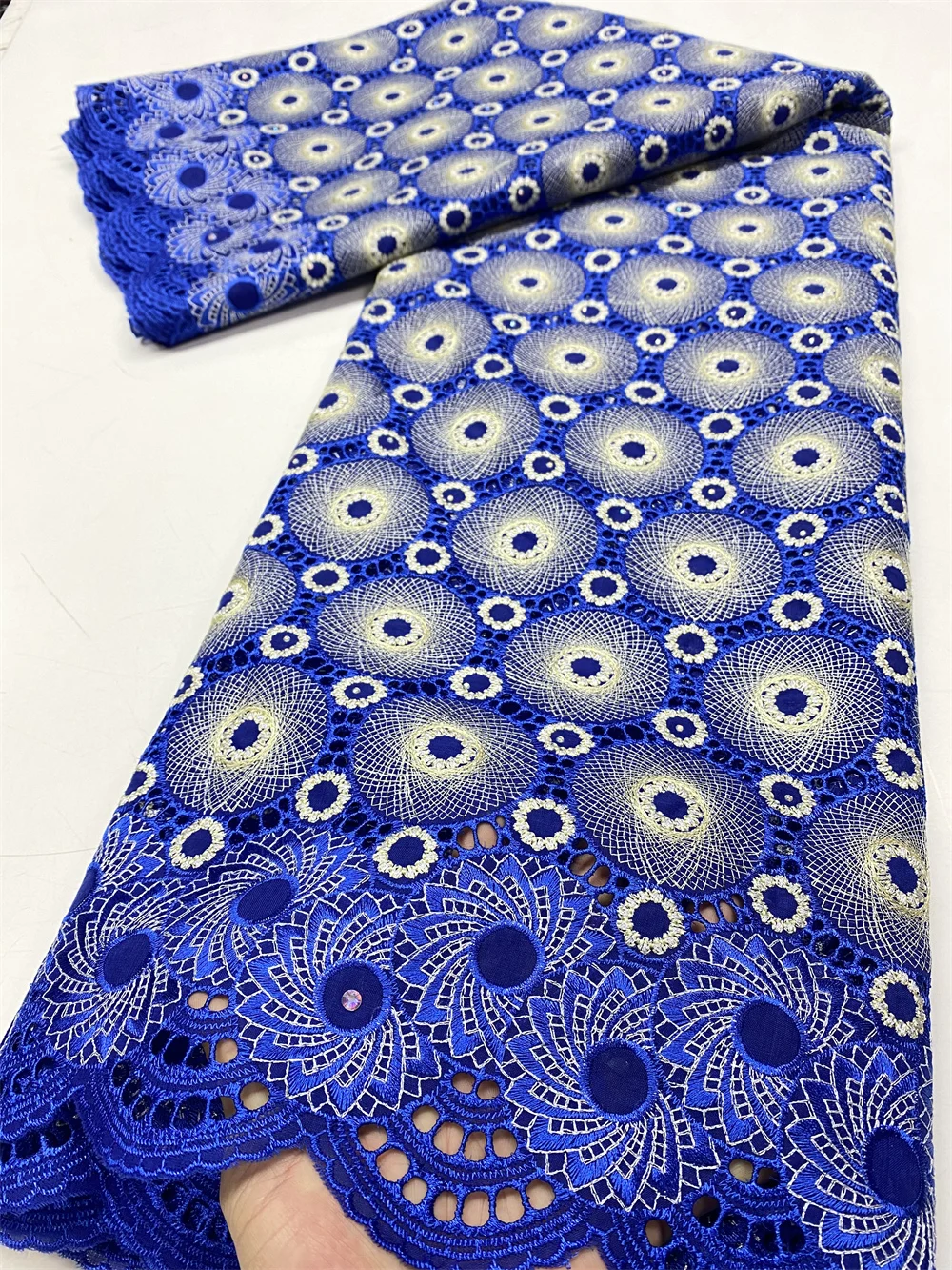 Color: Blue, length: 5 yards, Width: 120cm - 2024 Newest Design Swiss Voile Lace Fabric French Nigerian Cotton Dry Lace With Stones For Sewing Women Evening Party Dresses