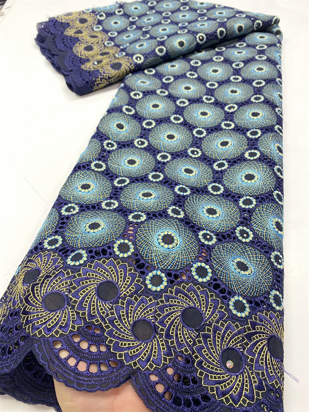 Color: Blue, length: 5 yards, Width: 120cm - 2024 Newest Design Swiss Voile Lace Fabric French Nigerian Cotton Dry Lace With Stones For Sewing Women Evening Party Dresses
