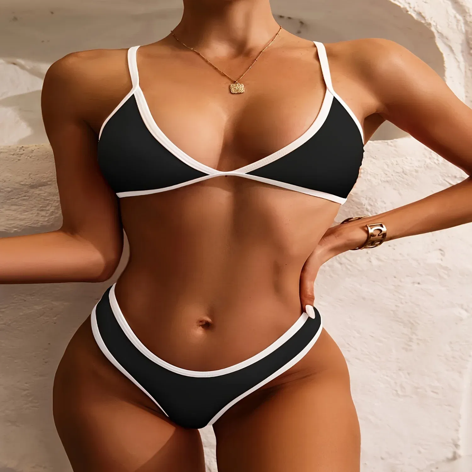 Color: black, Specification: 36mm, Ships From: CHINA - 2024 New Fashionable Solid Color Contrast Split Bikini Set - Medium Stretch Polyester Knit Fabric Swimsuit with Comfortable Fit