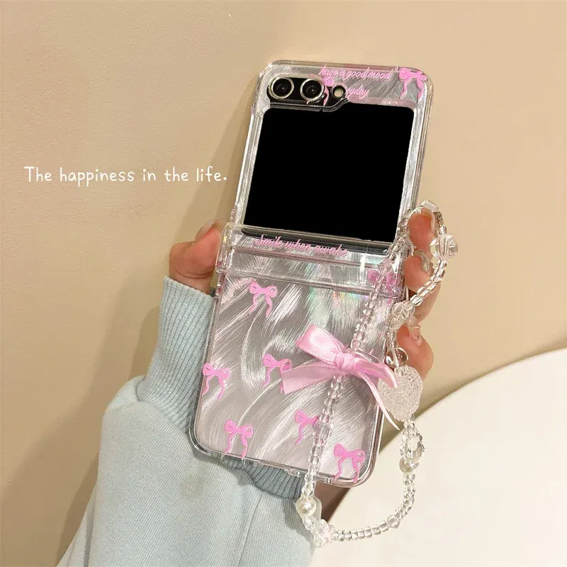 Color: GRAY, Material: Neoprene - For Samsung Galaxy Z Flip 3 4 5 6 Case Cute Pink Black Bow Feather Cards Bracelet Cover For Samsung Z Flip3 Flip4 ZFlip5