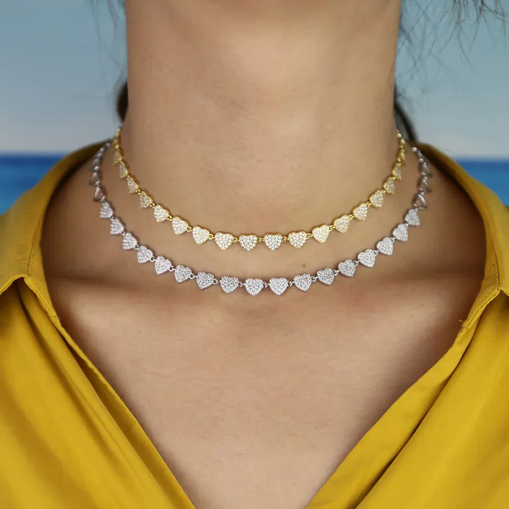Copper Gold Silver Color Necklace Chain Heart Link Choker Necklaces for Women Short Colliers 45cm